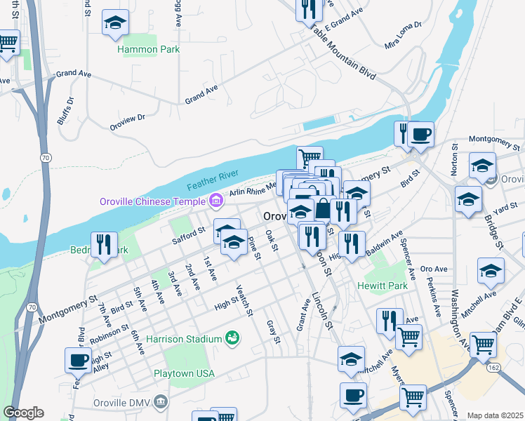 map of restaurants, bars, coffee shops, grocery stores, and more near 1726 Montgomery Street in Oroville