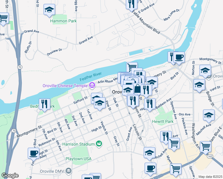 map of restaurants, bars, coffee shops, grocery stores, and more near 1726 Montgomery Street in Oroville