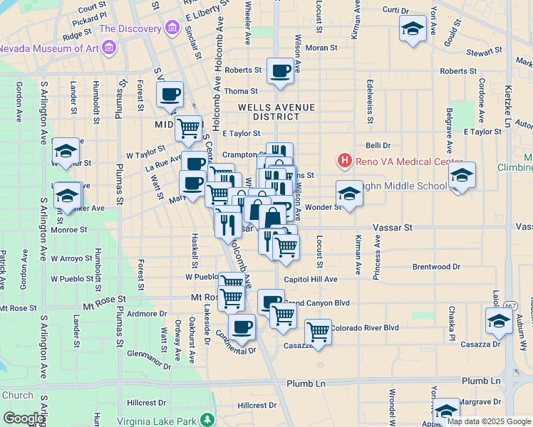 map of restaurants, bars, coffee shops, grocery stores, and more near 1295 South Wells Avenue in Reno