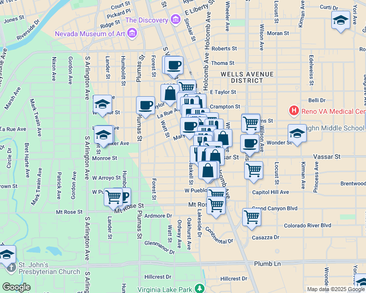 map of restaurants, bars, coffee shops, grocery stores, and more near 1049 Watt Street in Reno