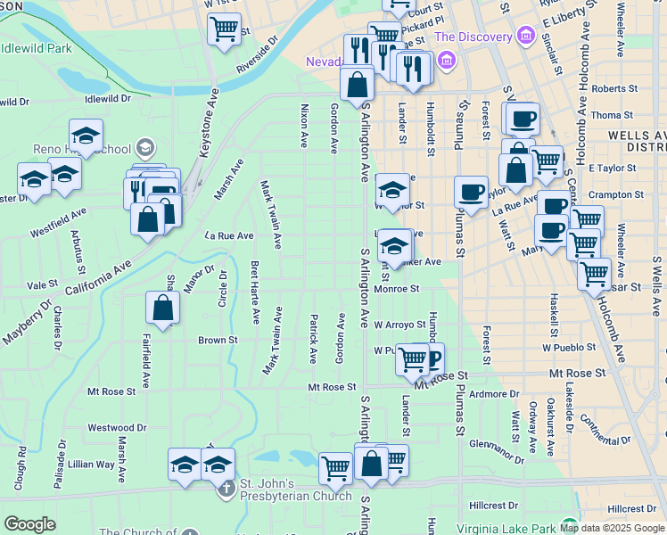 map of restaurants, bars, coffee shops, grocery stores, and more near 785 Monroe Street in Reno