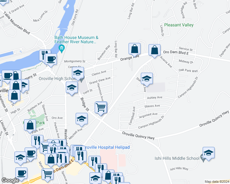 map of restaurants, bars, coffee shops, grocery stores, and more near 1775 Boynton Avenue in Oroville