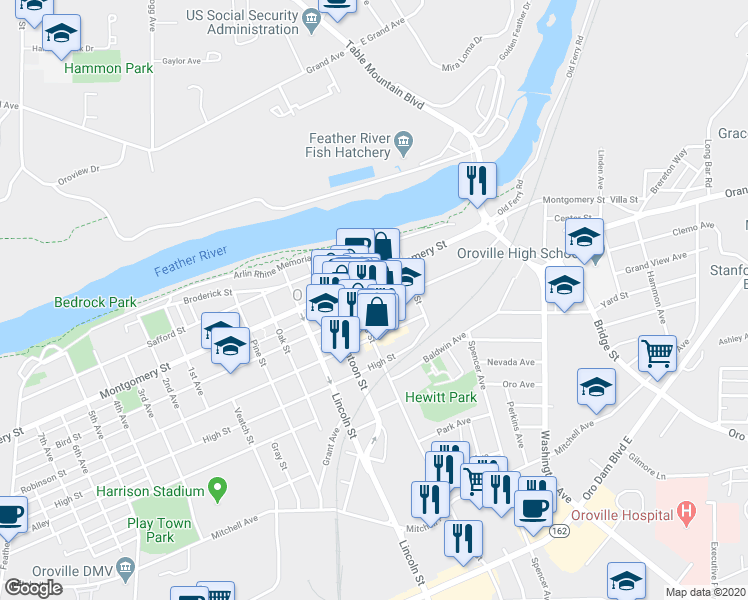 map of restaurants, bars, coffee shops, grocery stores, and more near 2075 Bird Street in Oroville
