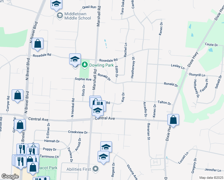 map of restaurants, bars, coffee shops, grocery stores, and more near 118 Frazer Drive in Middletown