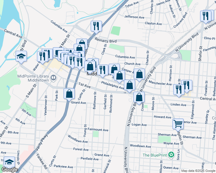 map of restaurants, bars, coffee shops, grocery stores, and more near in Middletown