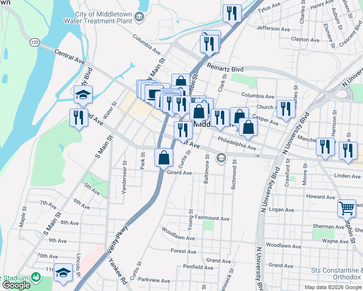 map of restaurants, bars, coffee shops, grocery stores, and more near 112 Curtis Street in Middletown
