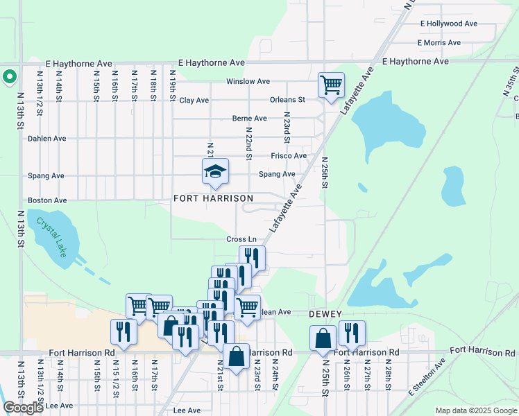 map of restaurants, bars, coffee shops, grocery stores, and more near 2224-2310 Lafayette Avenue in Terre Haute