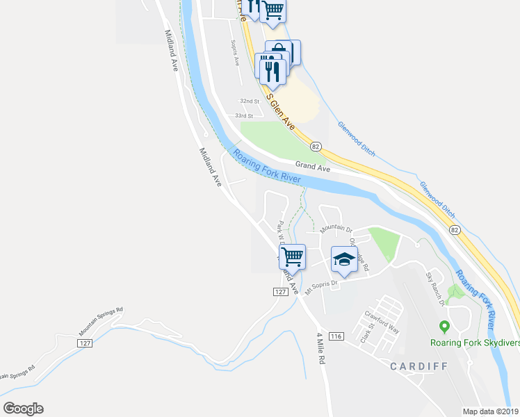 map of restaurants, bars, coffee shops, grocery stores, and more near 1007 Park West Drive in Glenwood Springs