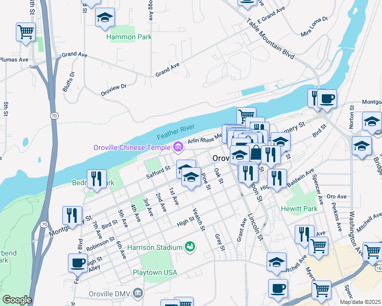 map of restaurants, bars, coffee shops, grocery stores, and more near 1255 Pine Street in Oroville