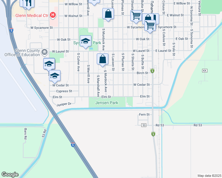 map of restaurants, bars, coffee shops, grocery stores, and more near 642 South Murdock Avenue in Willows