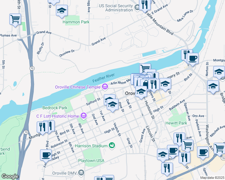 map of restaurants, bars, coffee shops, grocery stores, and more near 1150 Pine Street in Oroville