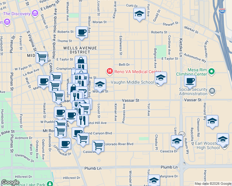 map of restaurants, bars, coffee shops, grocery stores, and more near 645 Vassar Street in Reno