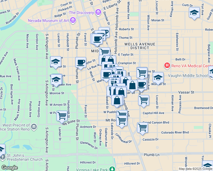 map of restaurants, bars, coffee shops, grocery stores, and more near 1074 Haskell Street in Reno