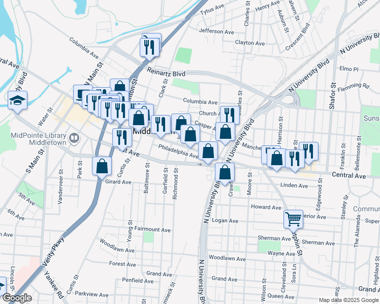 map of restaurants, bars, coffee shops, grocery stores, and more near 1717 1st Avenue in Middletown