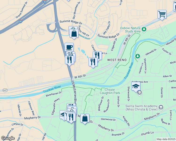 map of restaurants, bars, coffee shops, grocery stores, and more near 4305 West 4th Street in Reno