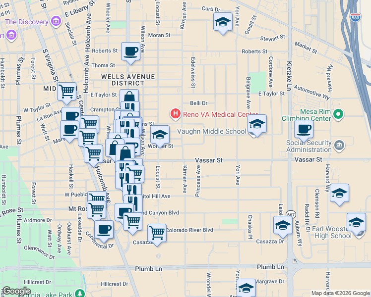 map of restaurants, bars, coffee shops, grocery stores, and more near 645 Vassar Street in Reno