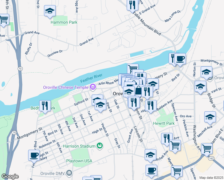 map of restaurants, bars, coffee shops, grocery stores, and more near in Oroville