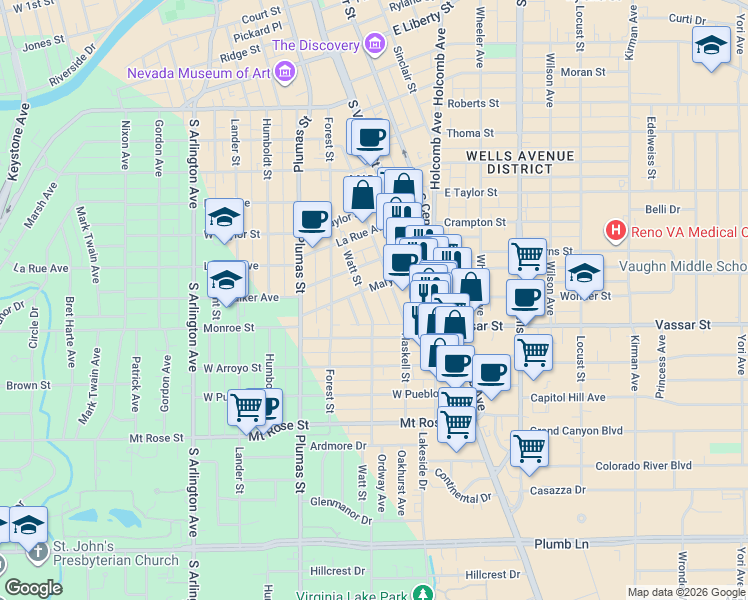 map of restaurants, bars, coffee shops, grocery stores, and more near 1026 Watt Street in Reno