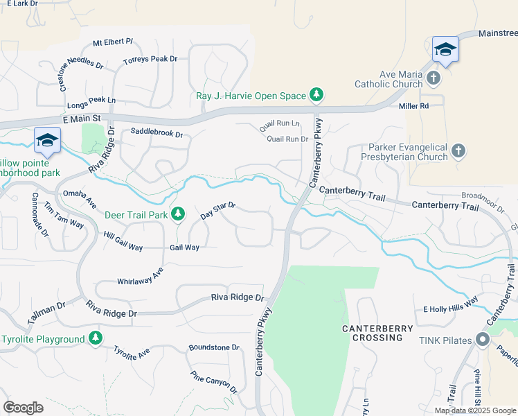 map of restaurants, bars, coffee shops, grocery stores, and more near 22087 Day Star Drive in Parker