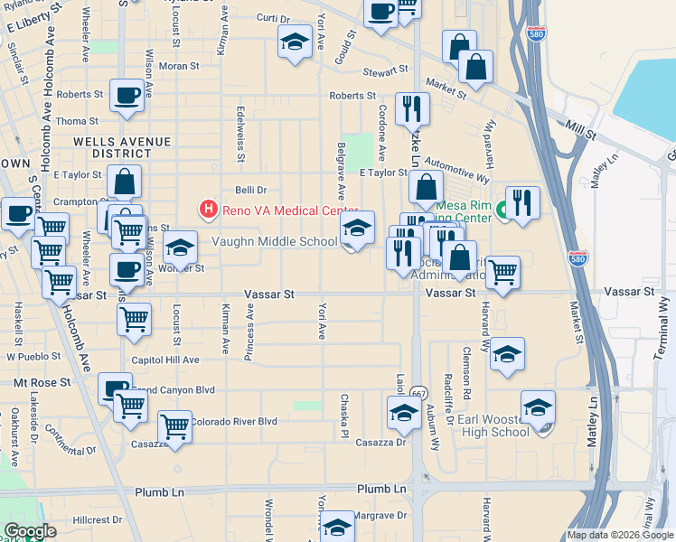 map of restaurants, bars, coffee shops, grocery stores, and more near 1200 Bresson Avenue in Reno