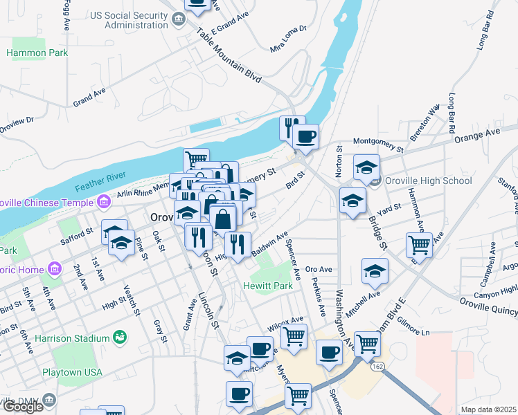 map of restaurants, bars, coffee shops, grocery stores, and more near 2251 Montgomery Street in Oroville