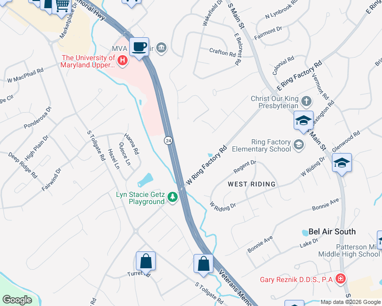 map of restaurants, bars, coffee shops, grocery stores, and more near 128 West Ring Factory Road in Bel Air