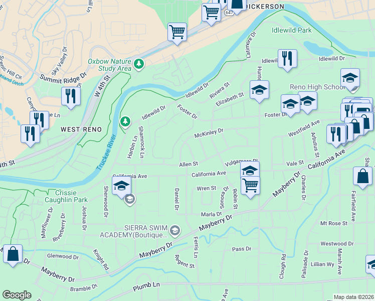 map of restaurants, bars, coffee shops, grocery stores, and more near 1705 McKinley Drive in Reno