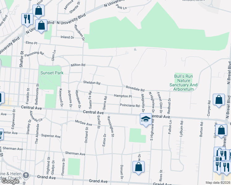 map of restaurants, bars, coffee shops, grocery stores, and more near 3204 Sheldon Road in Middletown