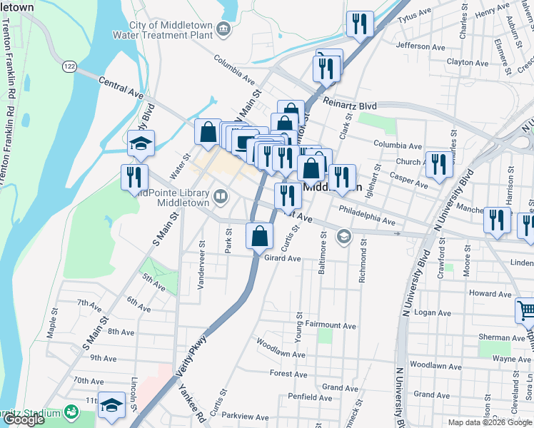 map of restaurants, bars, coffee shops, grocery stores, and more near 30 South Clinton Street in Middletown