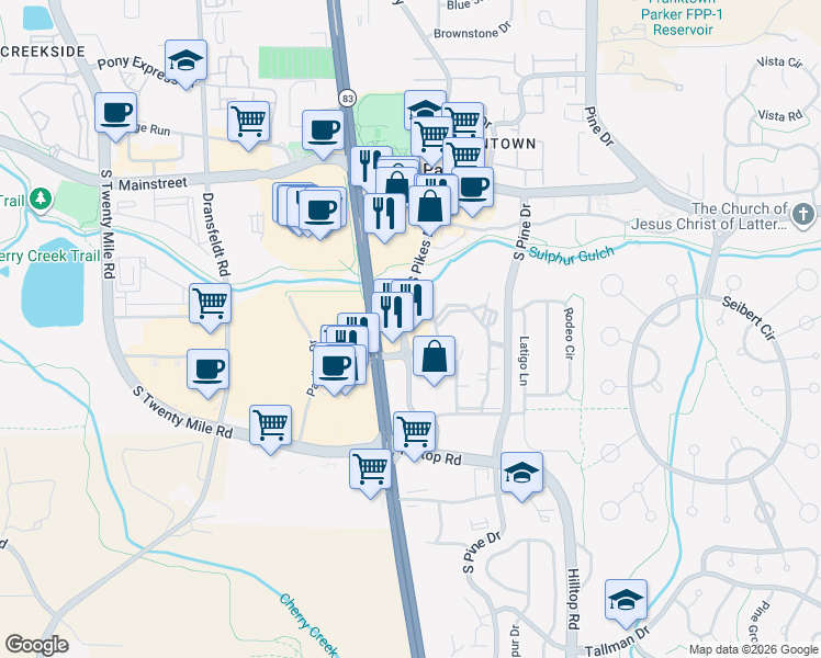 map of restaurants, bars, coffee shops, grocery stores, and more near 11105 South Pikes Peak Drive in Parker