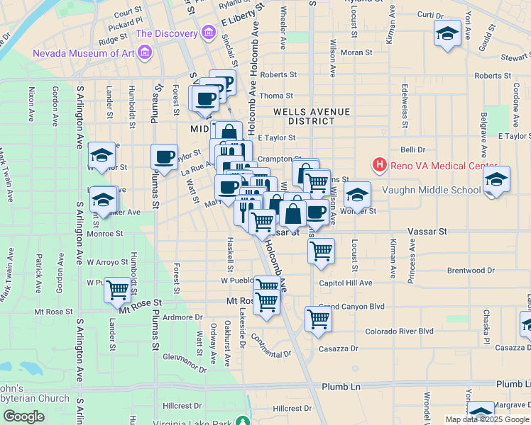 map of restaurants, bars, coffee shops, grocery stores, and more near 1160 Holcomb Avenue in Reno