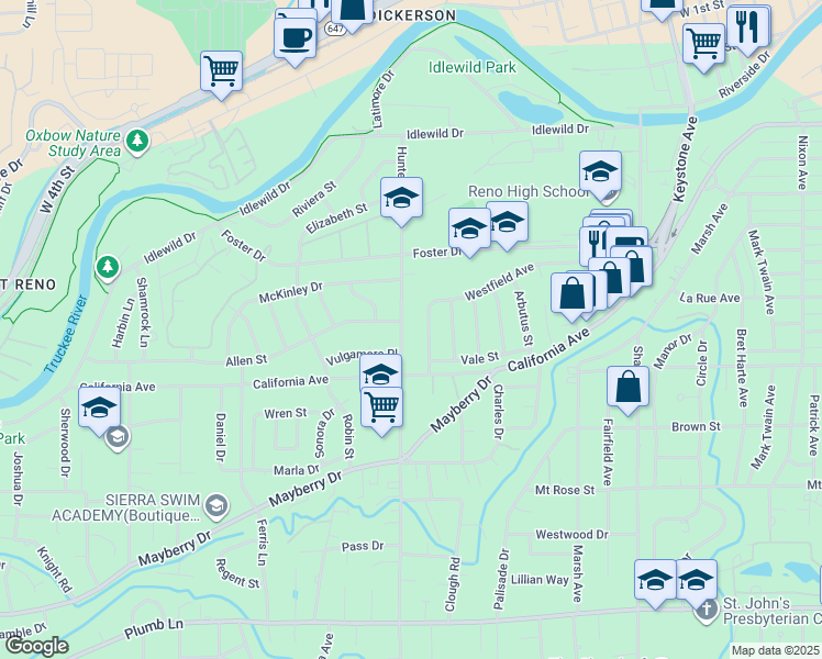 map of restaurants, bars, coffee shops, grocery stores, and more near 2199 Westfield Avenue in Reno