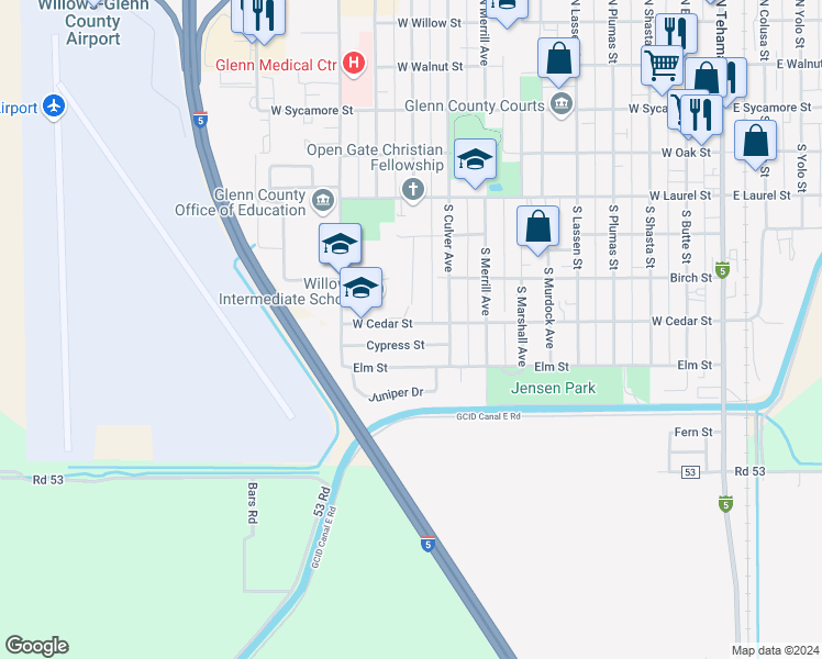 map of restaurants, bars, coffee shops, grocery stores, and more near 1010 West Cedar Street in Willows
