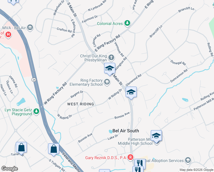 map of restaurants, bars, coffee shops, grocery stores, and more near 1400 Emmorton Road in Bel Air