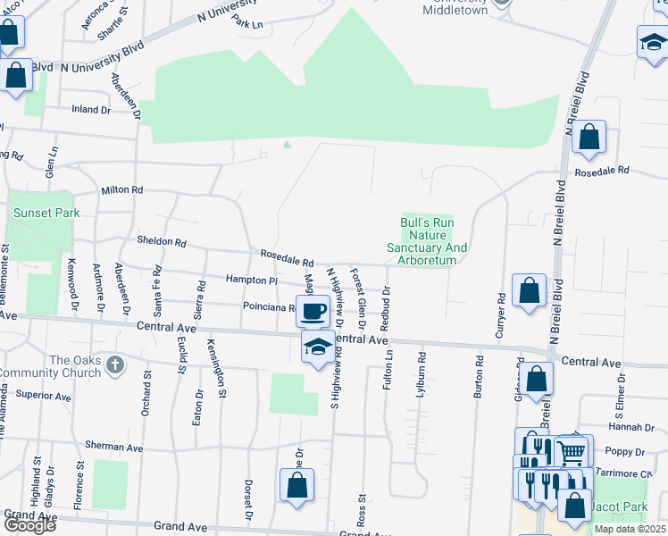 map of restaurants, bars, coffee shops, grocery stores, and more near 111 North Highview Drive in Middletown