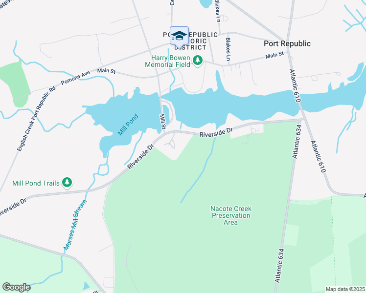 map of restaurants, bars, coffee shops, grocery stores, and more near 147 Riverside Drive in Port Republic