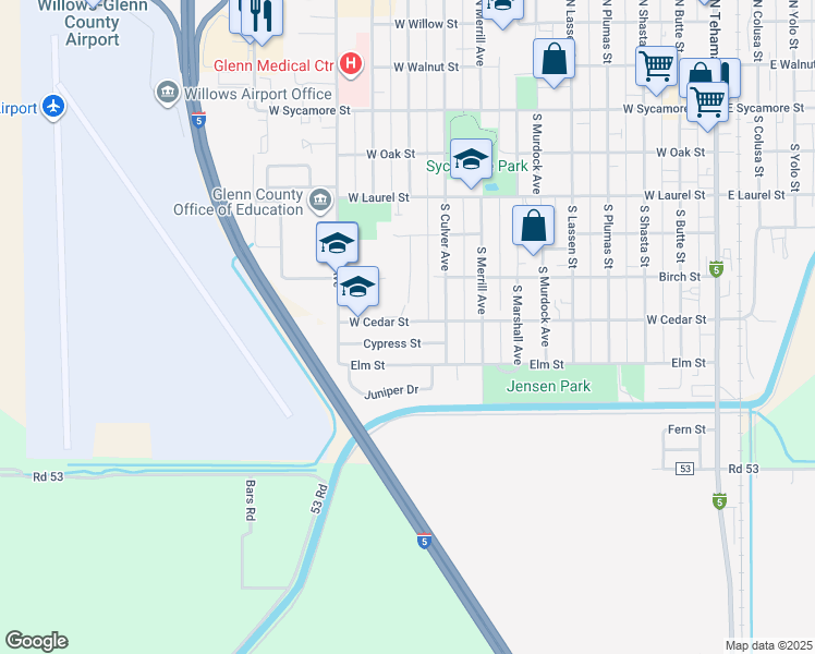 map of restaurants, bars, coffee shops, grocery stores, and more near 1010 West Cedar Street in Willows