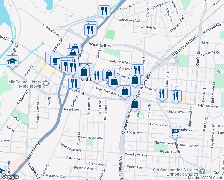 map of restaurants, bars, coffee shops, grocery stores, and more near 1607 Central Avenue in Middletown