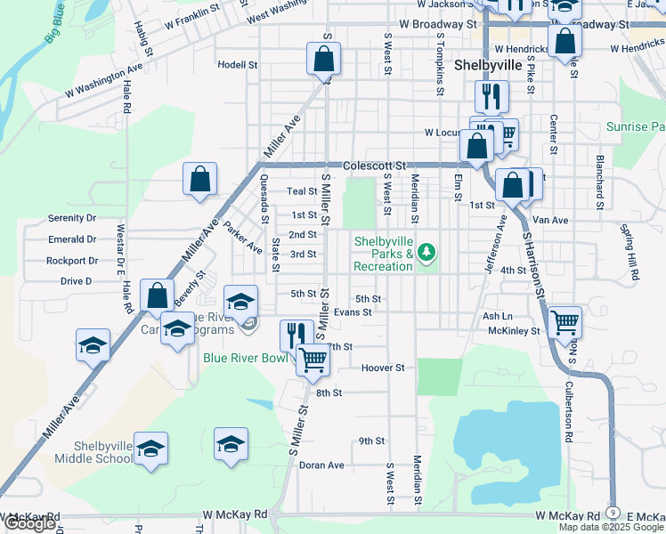 map of restaurants, bars, coffee shops, grocery stores, and more near 716 3rd Street in Shelbyville