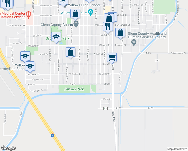 map of restaurants, bars, coffee shops, grocery stores, and more near 312 West Cedar Street in Willows