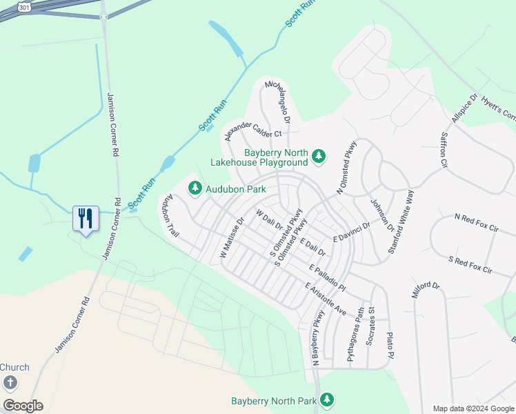 map of restaurants, bars, coffee shops, grocery stores, and more near 1666 West Matisse Drive in Middletown