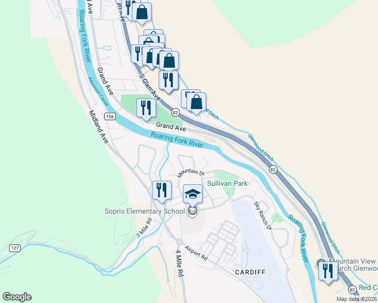 map of restaurants, bars, coffee shops, grocery stores, and more near 1102 Valley View Road in Glenwood Springs