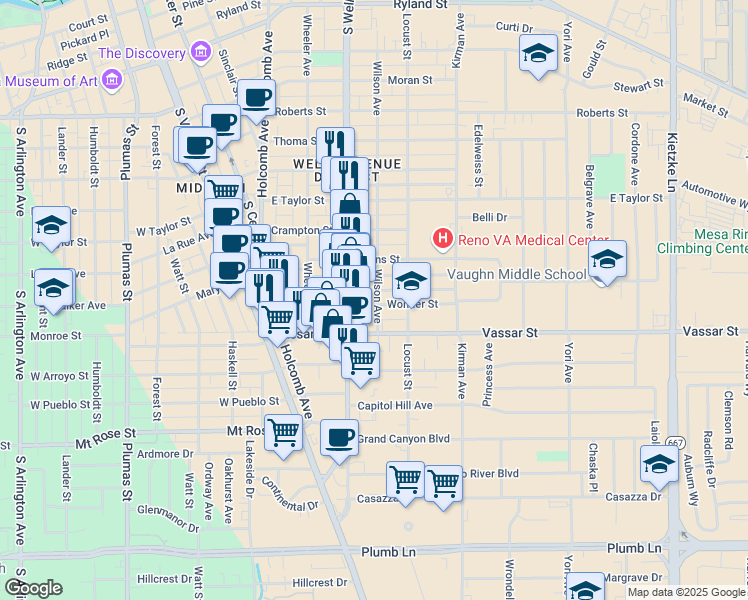 map of restaurants, bars, coffee shops, grocery stores, and more near 1107 Wilson Avenue in Reno