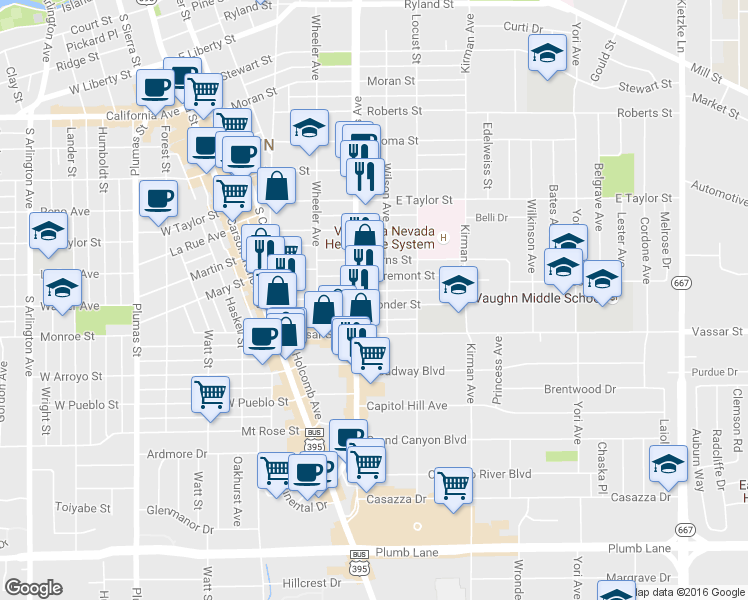 map of restaurants, bars, coffee shops, grocery stores, and more near 1107 Wilson Avenue in Reno