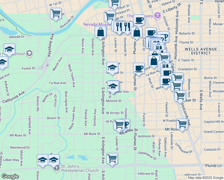 map of restaurants, bars, coffee shops, grocery stores, and more near 1019 Lander Street in Reno