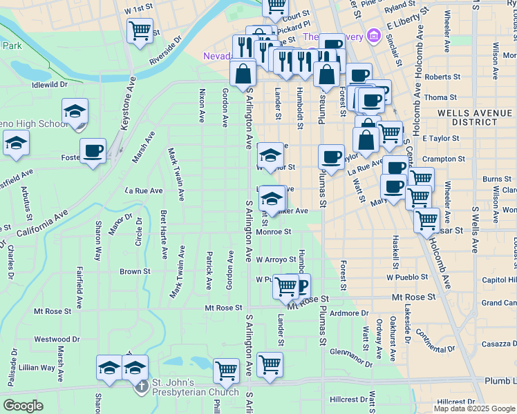 map of restaurants, bars, coffee shops, grocery stores, and more near 1010 South Arlington Avenue in Reno