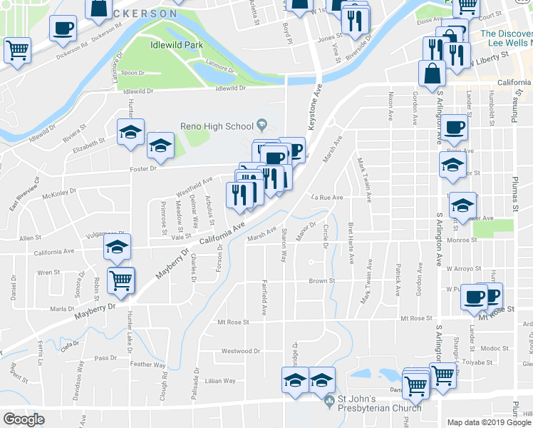 map of restaurants, bars, coffee shops, grocery stores, and more near 1132 California Avenue in Reno