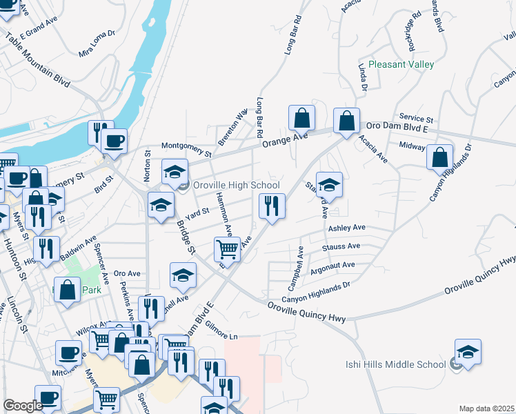 map of restaurants, bars, coffee shops, grocery stores, and more near 1717 Boynton Avenue in Oroville