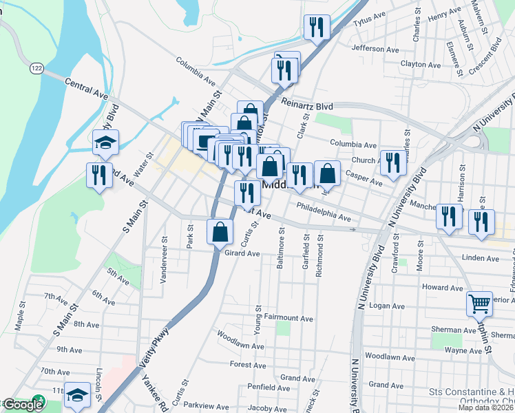map of restaurants, bars, coffee shops, grocery stores, and more near 11 South Clinton Street in Middletown