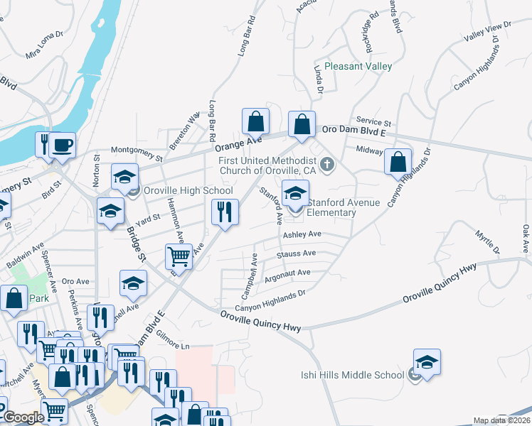 map of restaurants, bars, coffee shops, grocery stores, and more near 25 Pamela Jane Court in Oroville